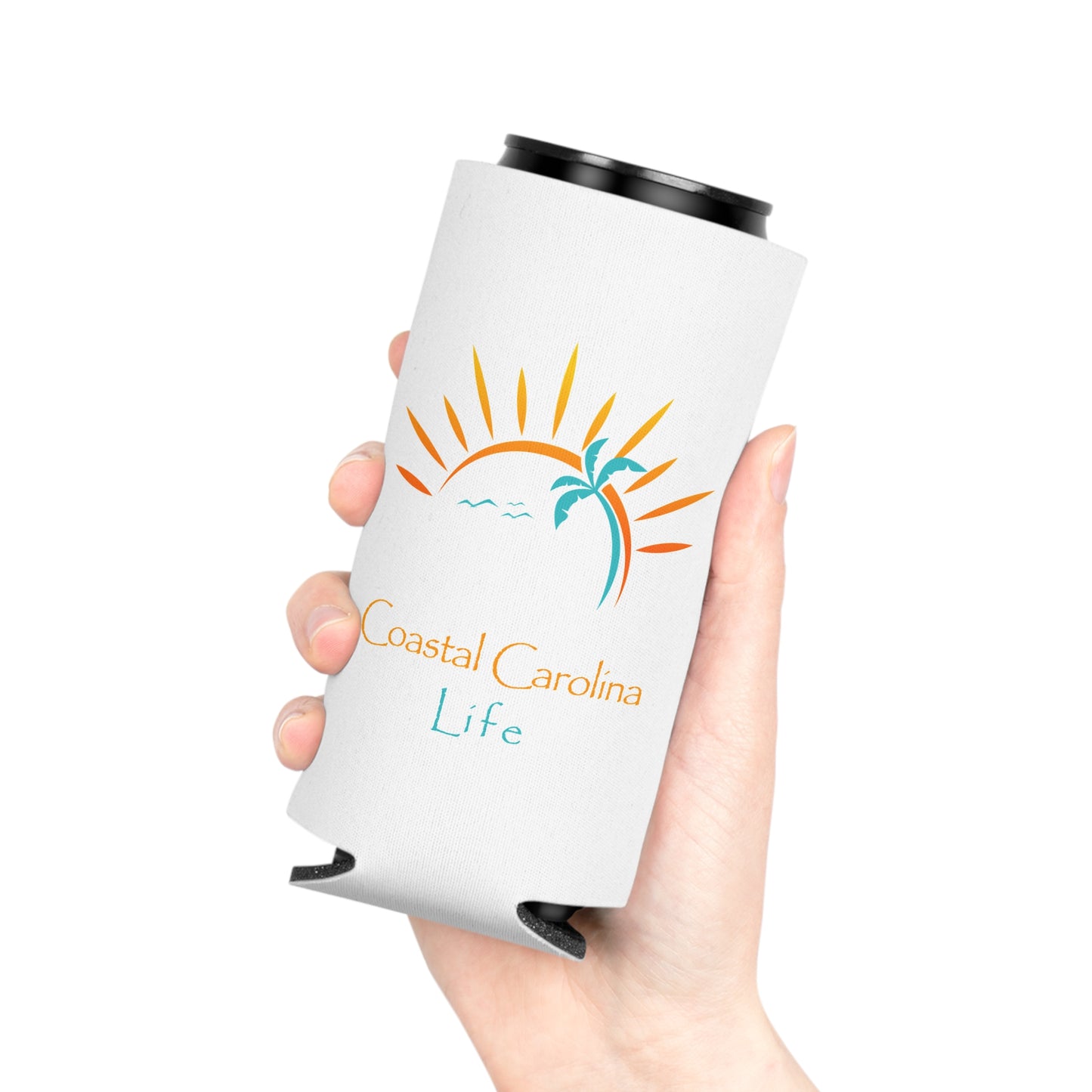 Palm Tree and Sun Rays Coastal Slim Koozie