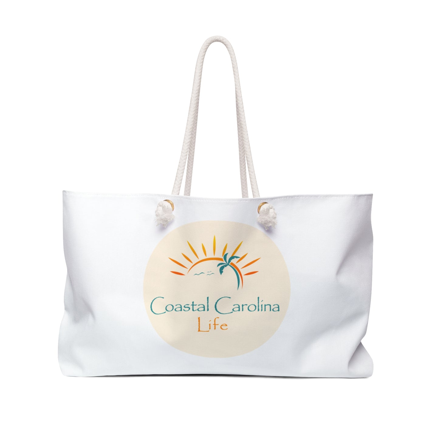Palm Tree and Sun Rays Coastal Weekender Tote with Rope Handles - White