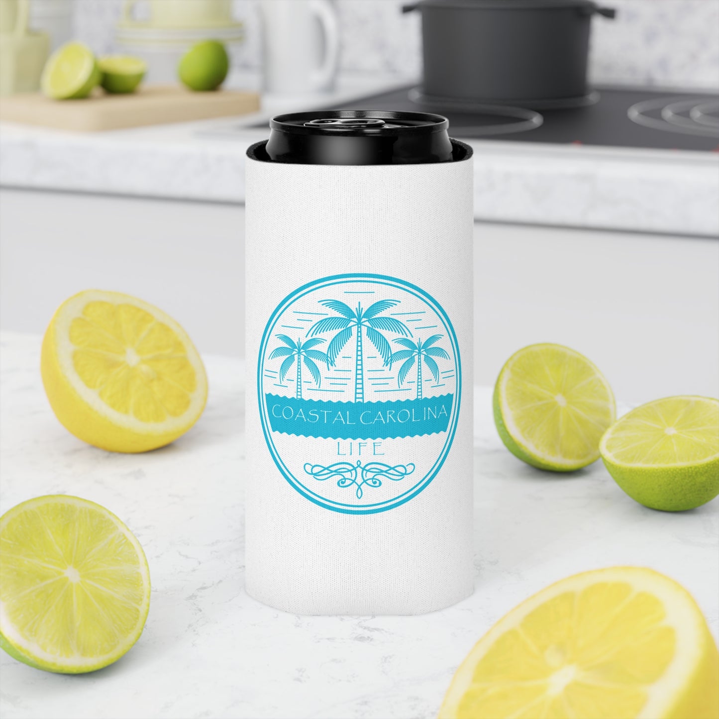 Palm Trees and Water Coastal Slim Koozie