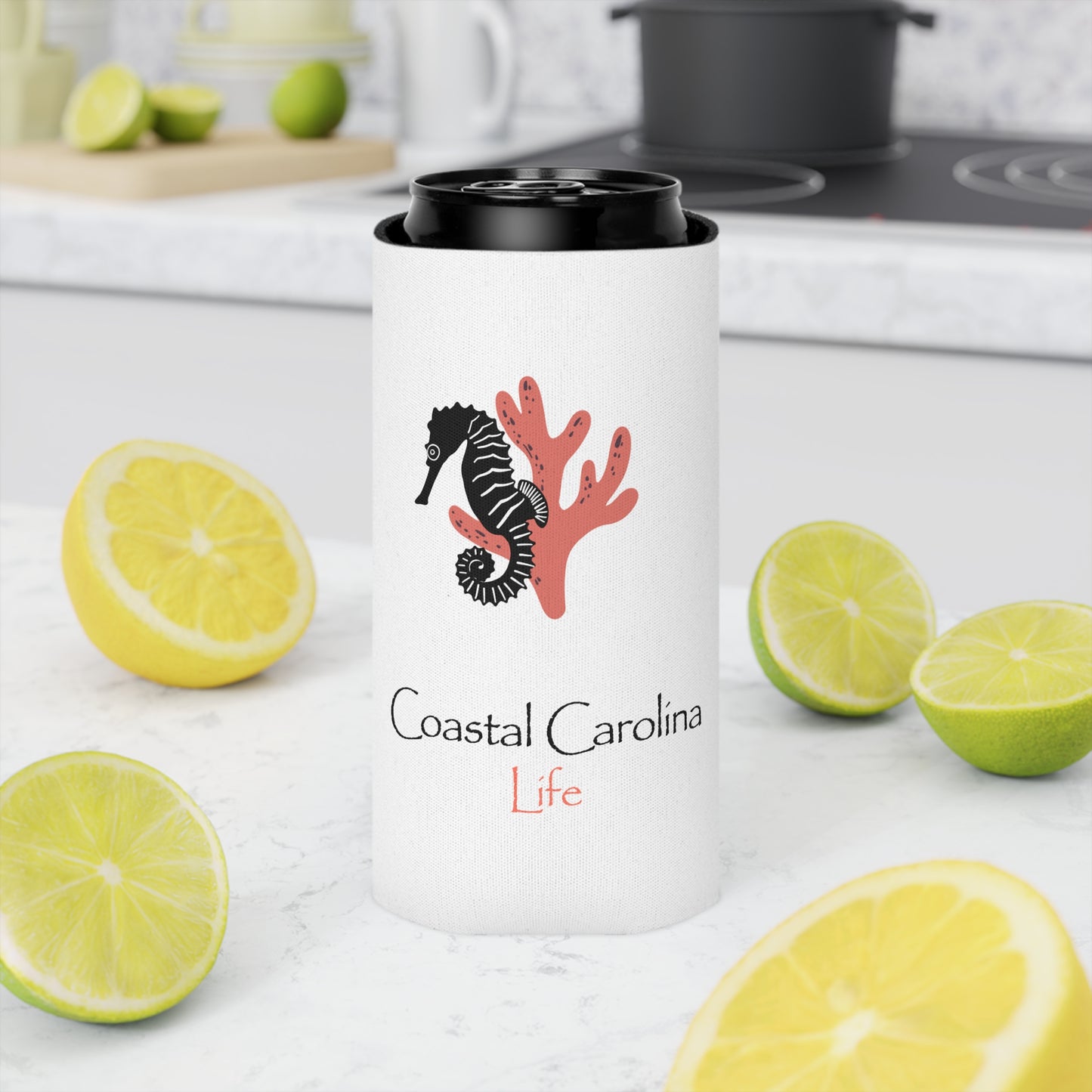 Seahorse and Coral Coastal Slim Koozie