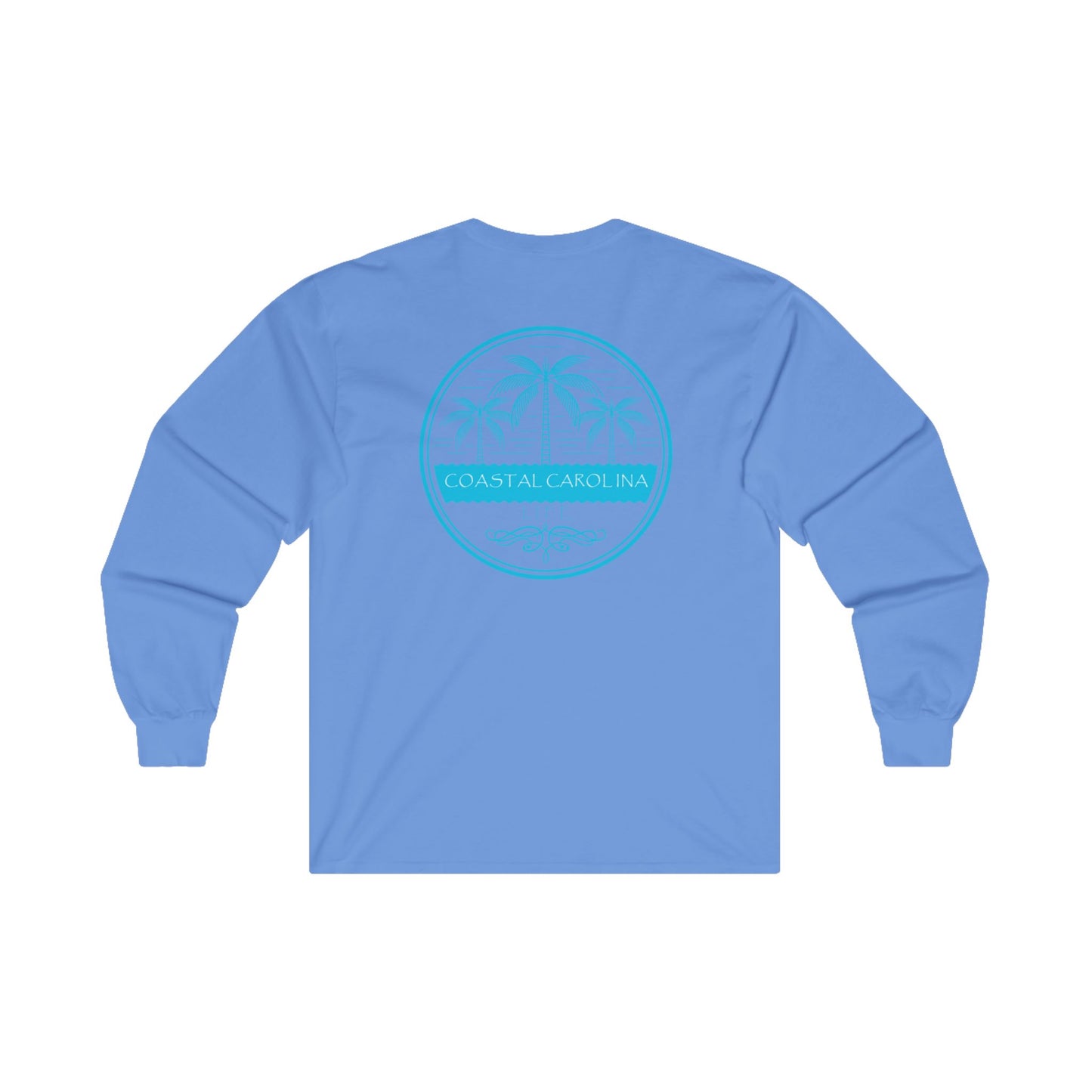 Men's Long Sleeve Cotton T-Shirt - Palm Trees and Water