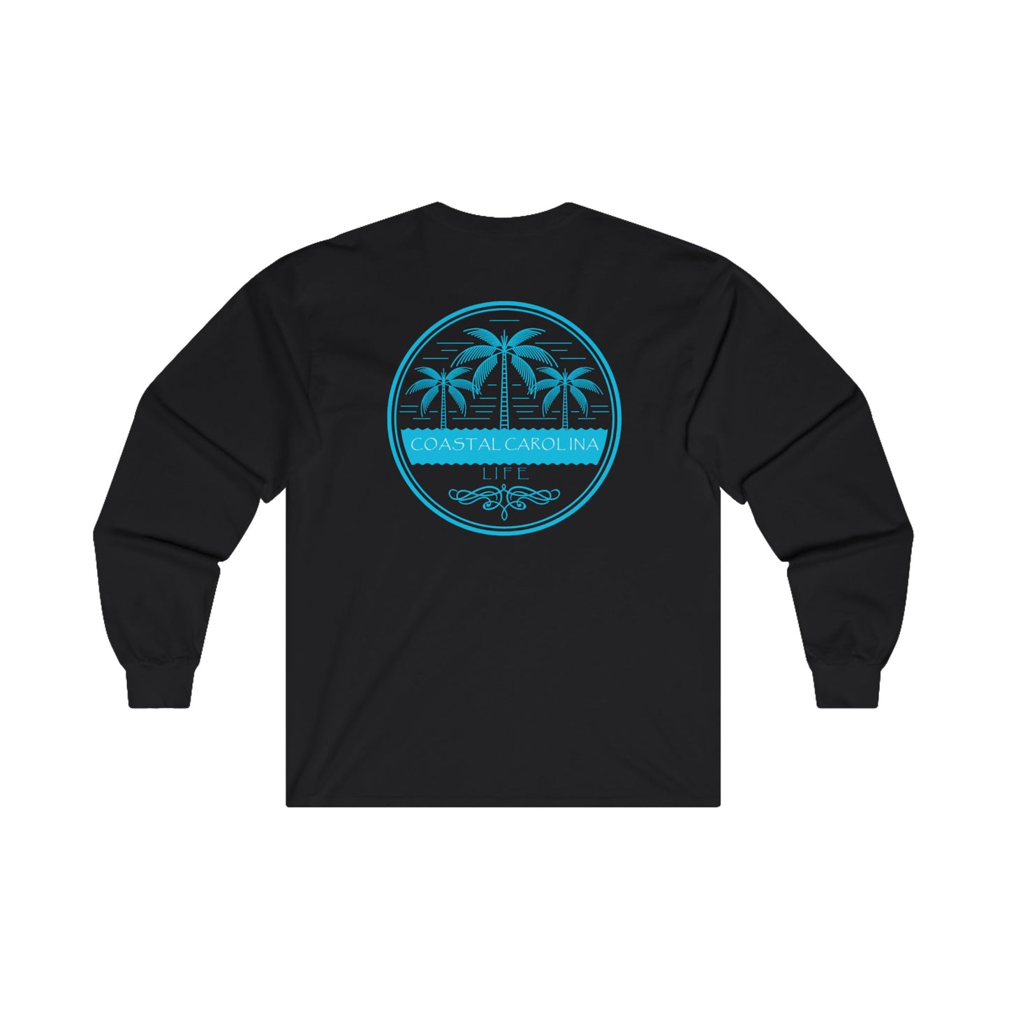 Men's Long Sleeve Cotton T-Shirt - Palm Trees and Water