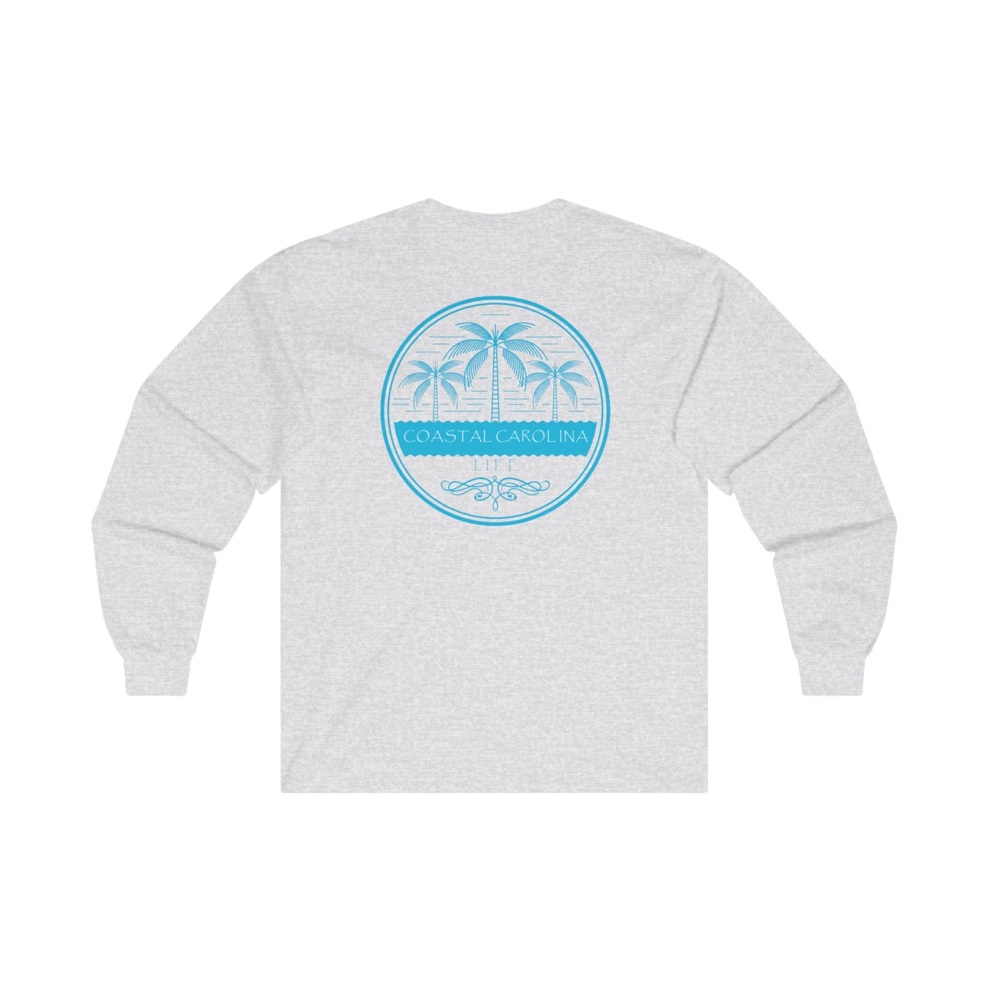 Men's Long Sleeve Cotton T-Shirt - Palm Trees and Water