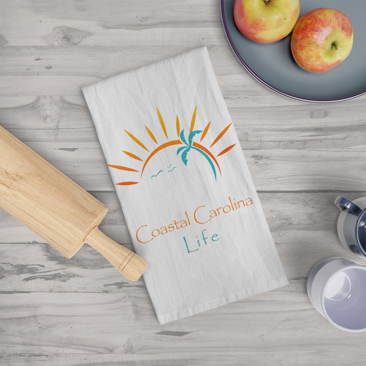 Palm Tree and Sun Rays Coastal Tea Towel