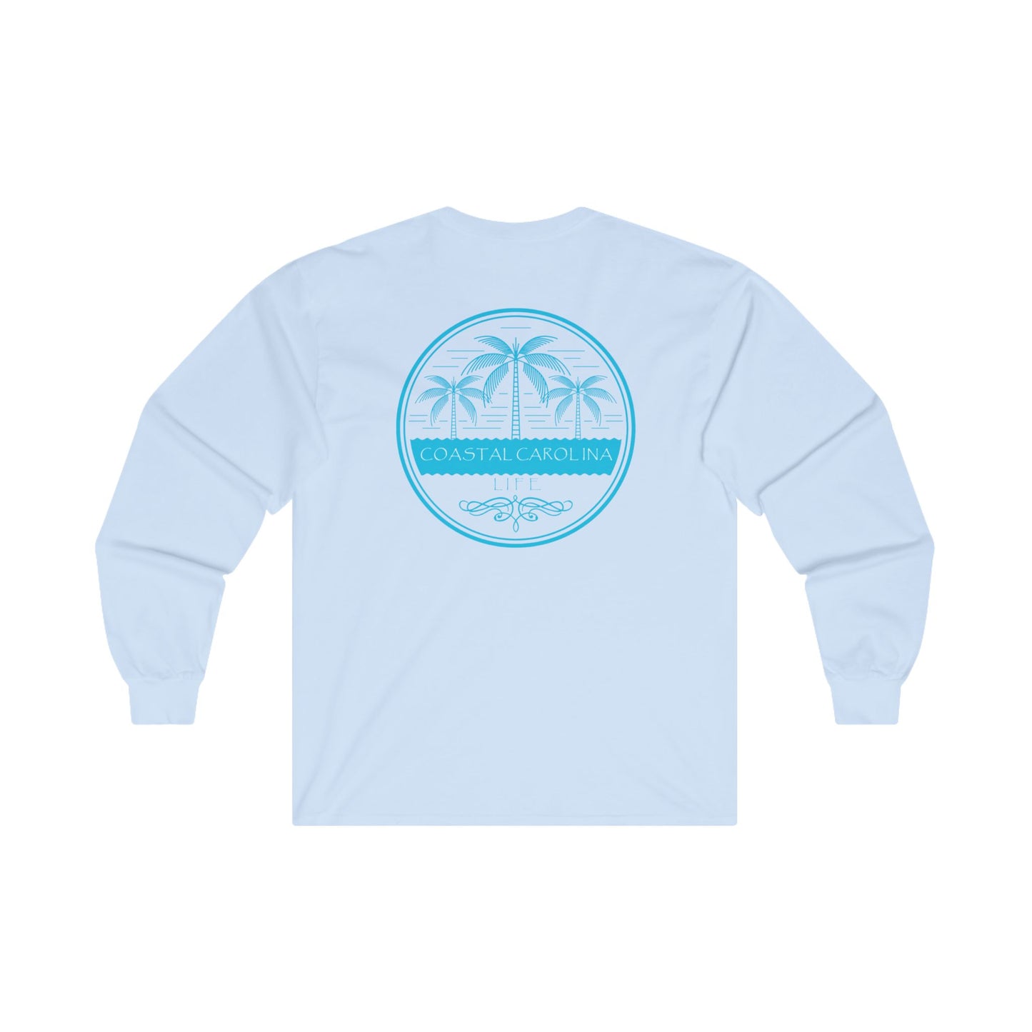 Men's Long Sleeve Cotton T-Shirt - Palm Trees and Water