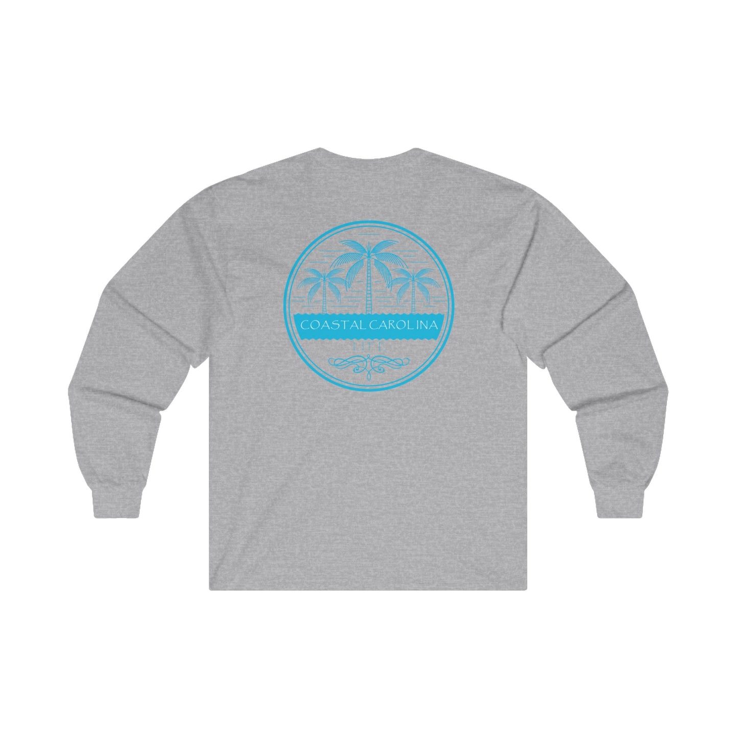 Men's Long Sleeve Cotton T-Shirt - Palm Trees and Water