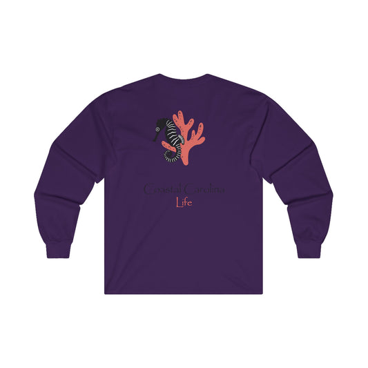 Women's Long Sleeve Cotton T-Shirt - Seahorse and Coral