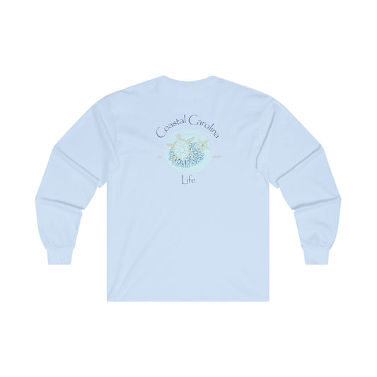 Women's Long Sleeve Cotton T-Shirt - Sea Turtle and Starfish